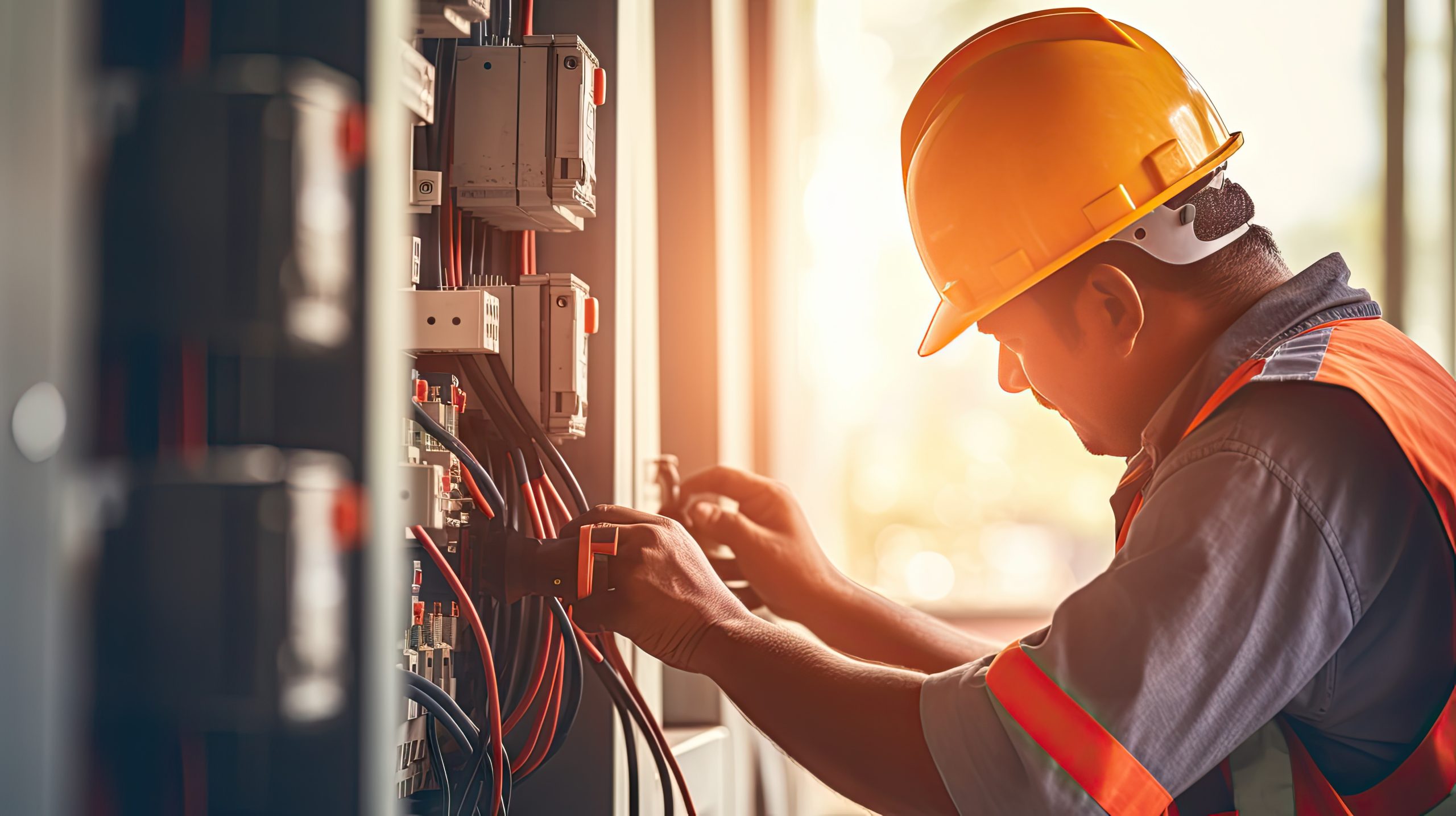 Electrician engineer with plan to check electrical supply in front of control fuse switchboard